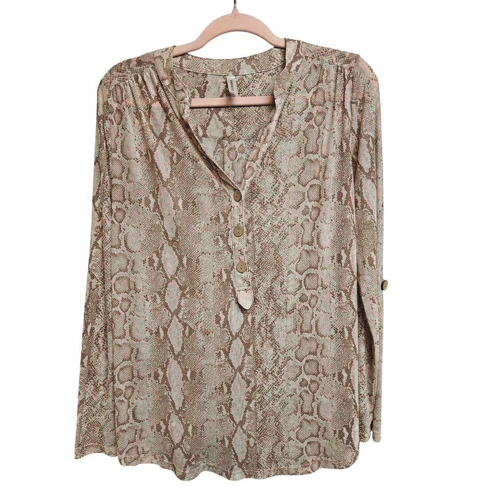 Emerald Womens Snakeskin Print Henley Blouse Tan Brown Roll Tab Sleeve Medium